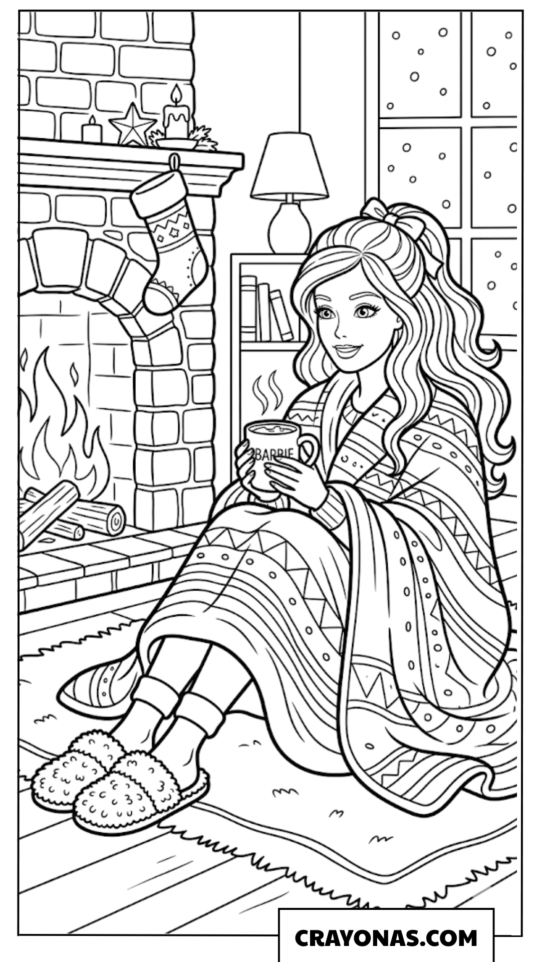 Barbie by the Fireplace with Hot Chocolate Coloring Page