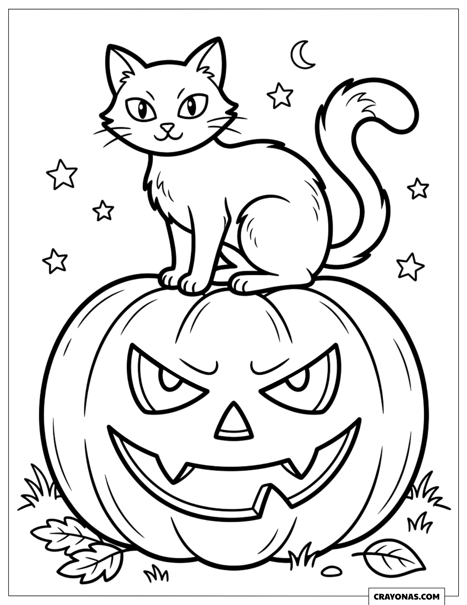 Black Cat Sitting on Jack-o'-Lantern Pumpkin Coloring Sheet