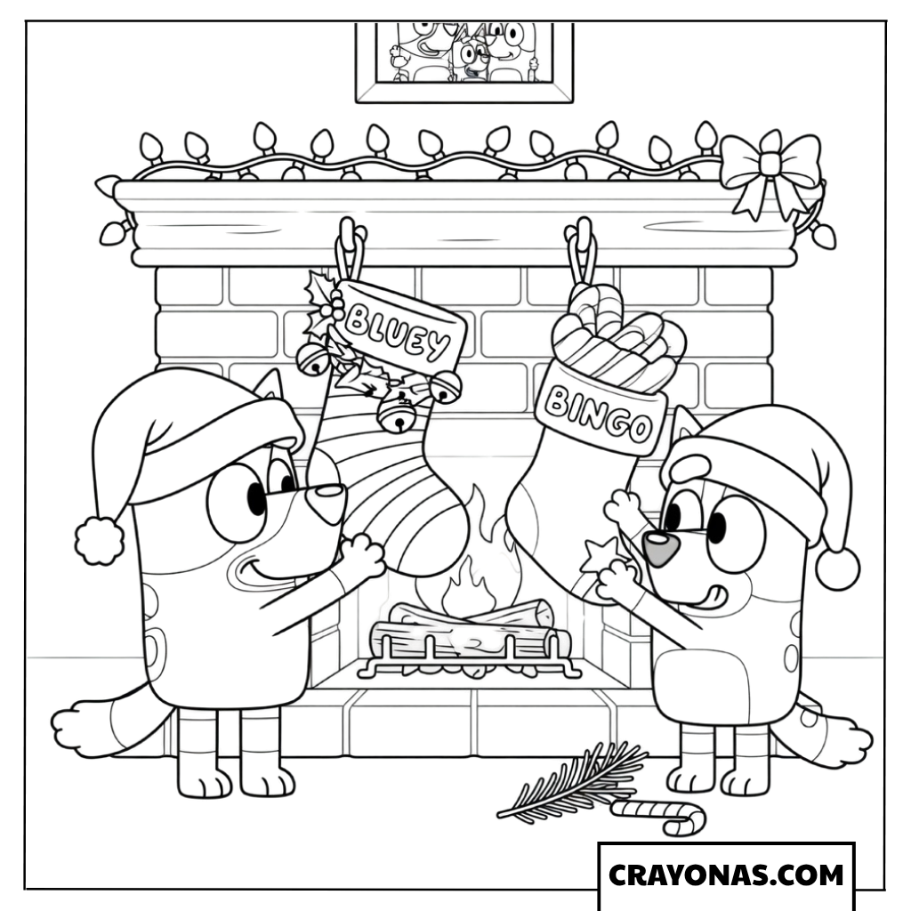 Bluey & Bingo Christmas Fireplace Coloring Page