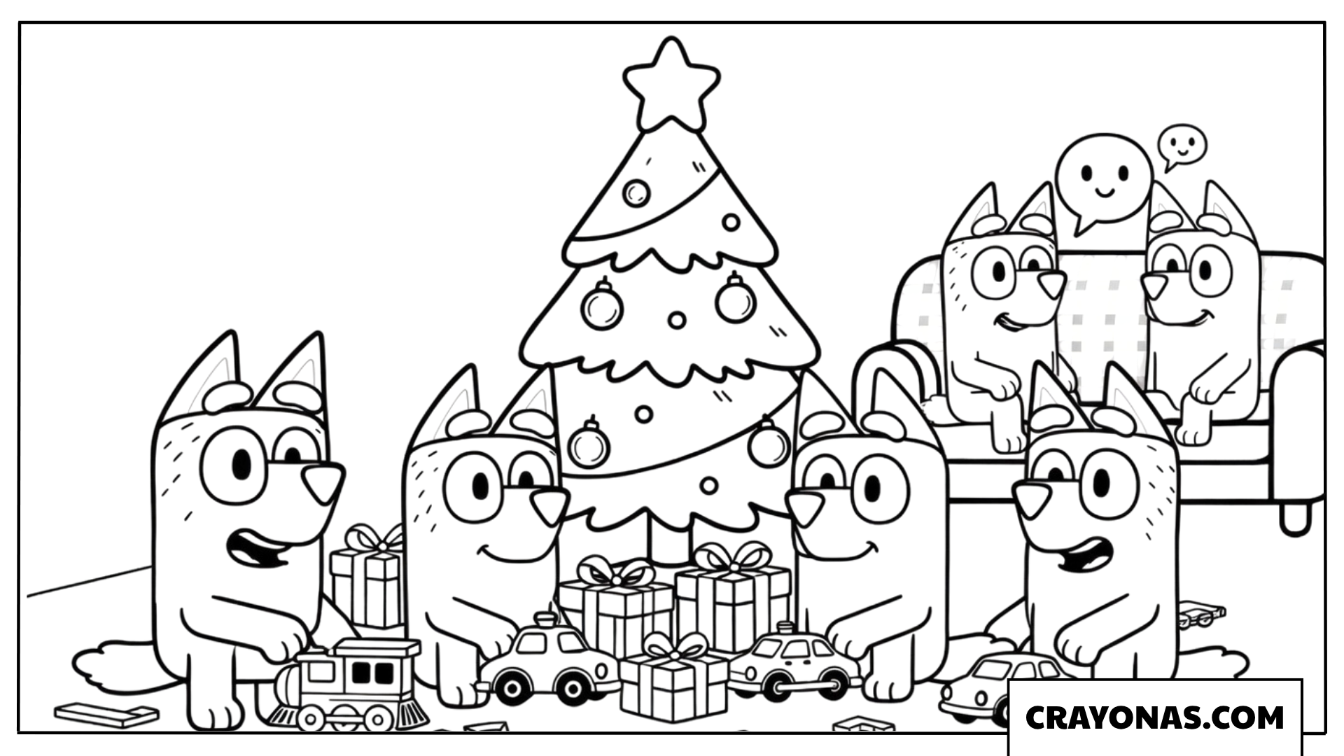 Bluey, Bingo, Muffin, and Socks Playing Under Christmas Tree Coloring Page