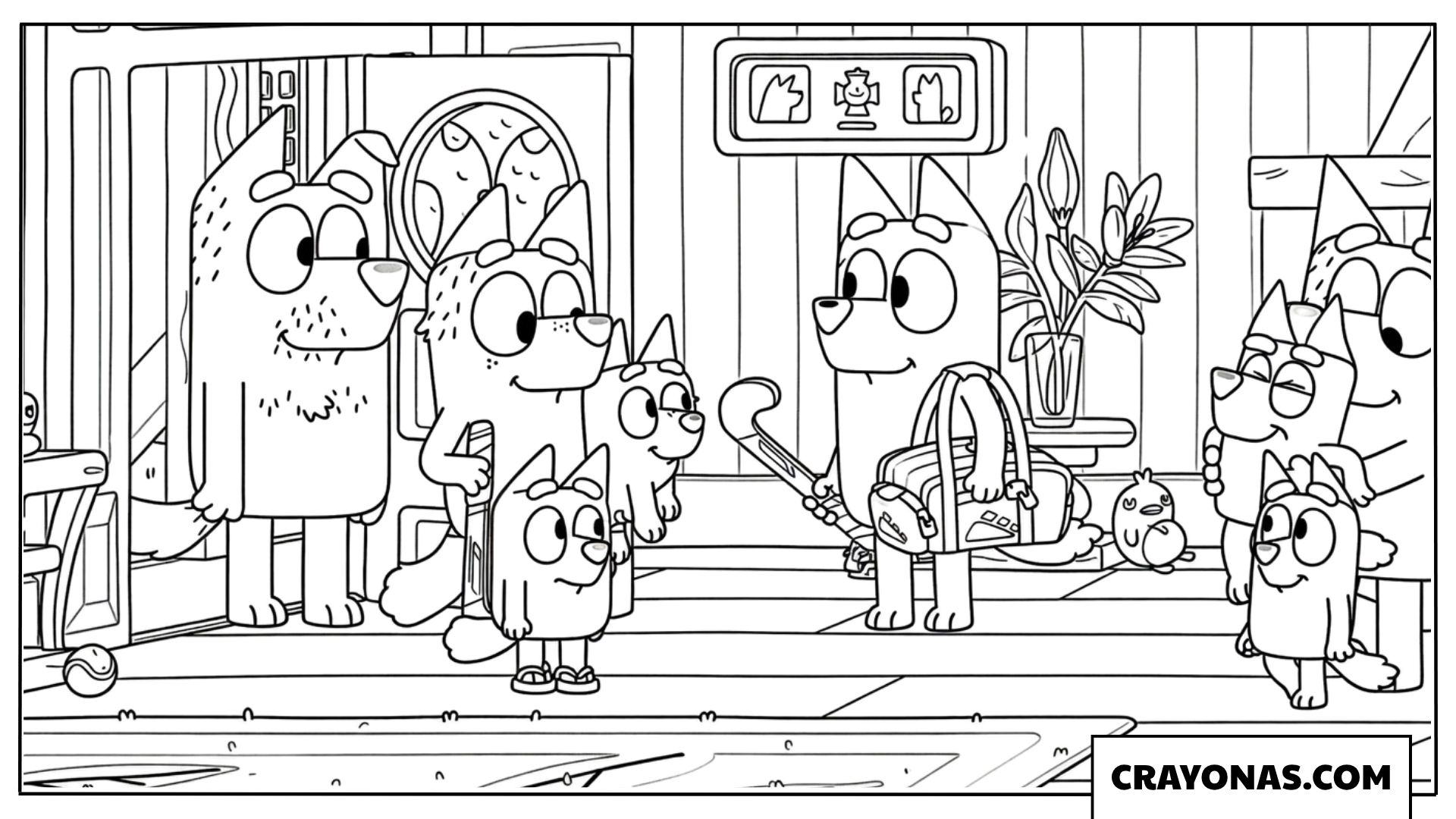 Bluey Family, Uncle Stripe, Aunt Trixie, Muffin, and Socks Holiday Preparation Coloring Page