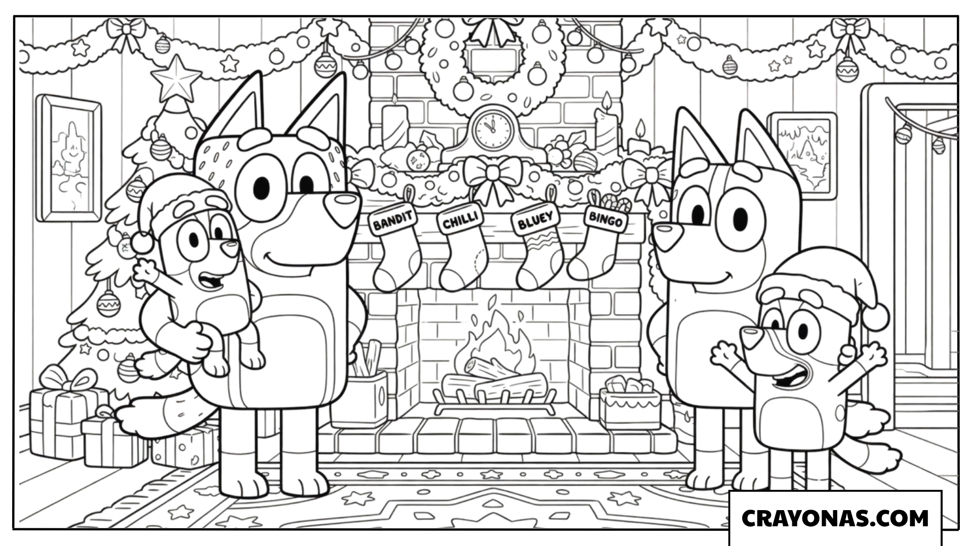 Bluey Family by the Fireplace Coloring Page