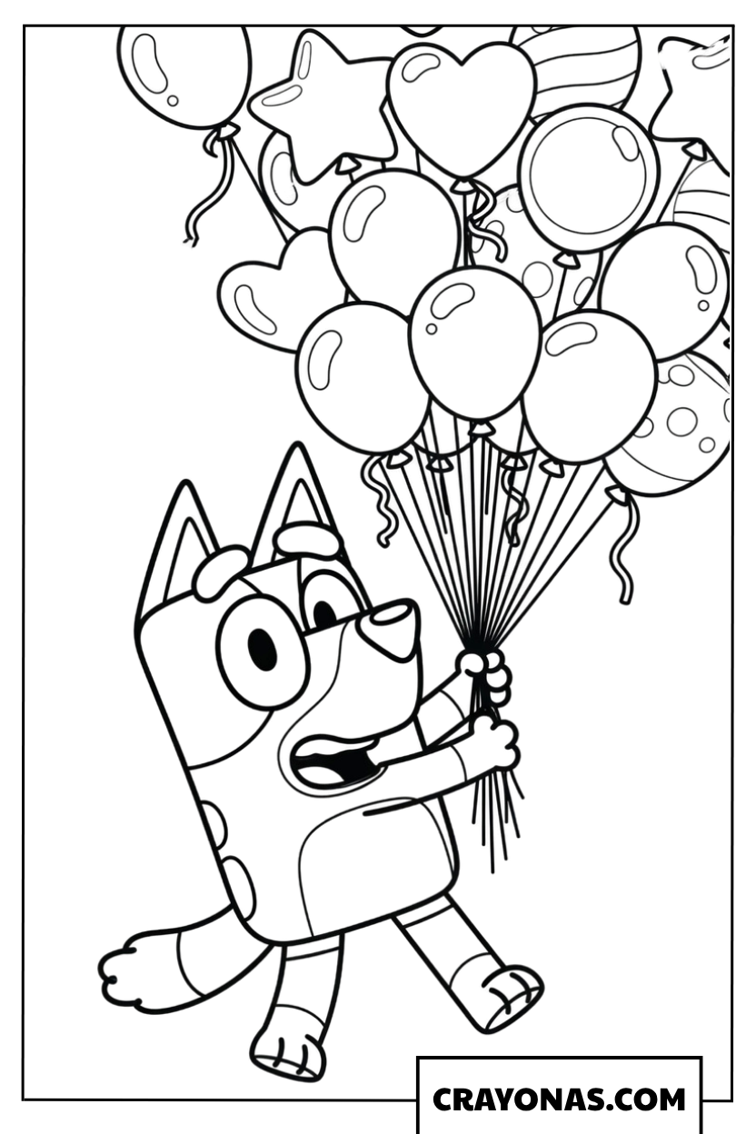 Bluey Flying with Helium Balloons Coloring Page