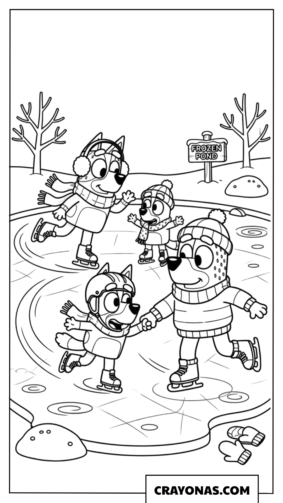 Bluey Friends Ice Skating on Frozen Pond Coloring Page