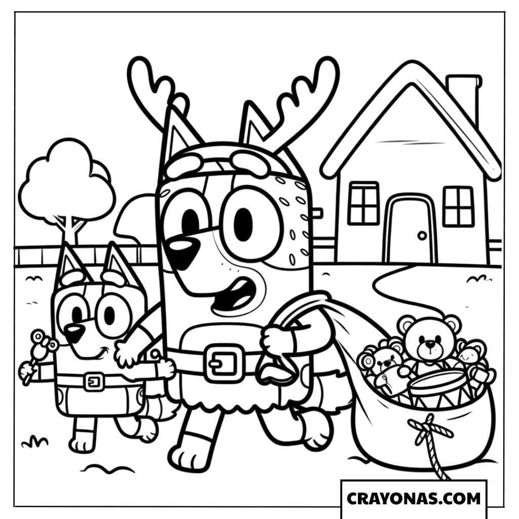 Bluey and Bingo Reindeer Christmas Adventure Coloring Page