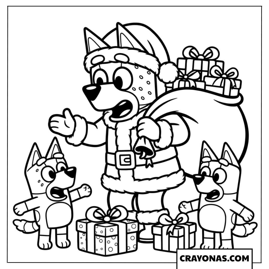 Bandit as Santa giving presents to Bluey and Bingo Coloring Page