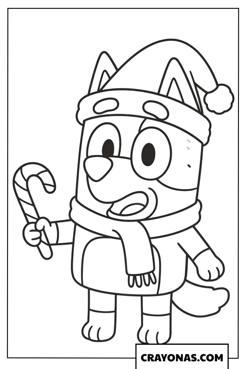 Bluey Wearing Santa Hat with Candy Cane Coloring Page