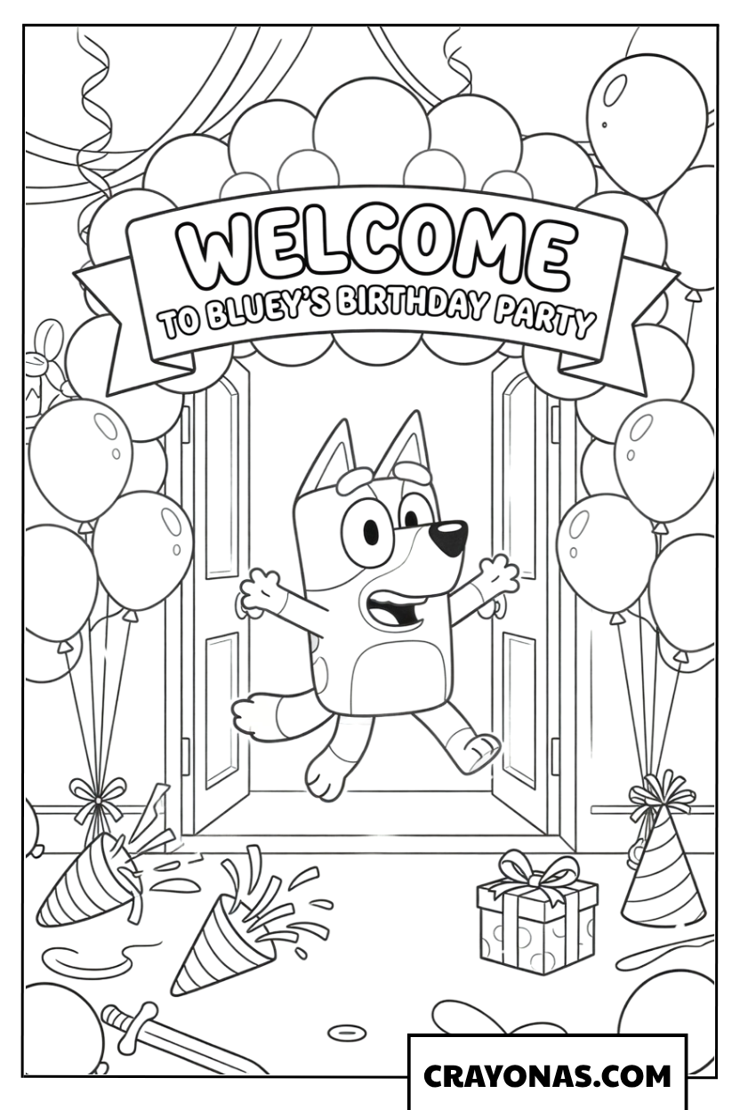 Bluey Welcoming Guests to Birthday Party Coloring Page