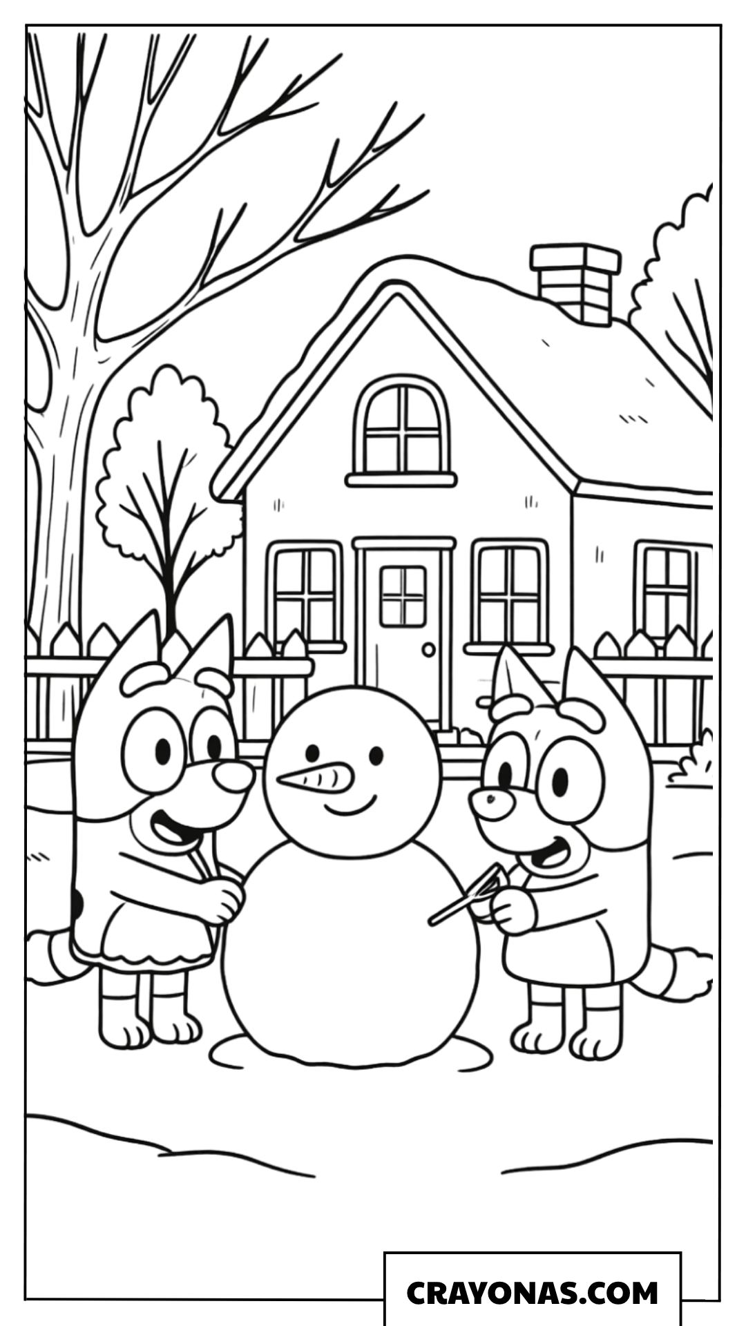 Bluey and Bingo Building Snowman Coloring Page
