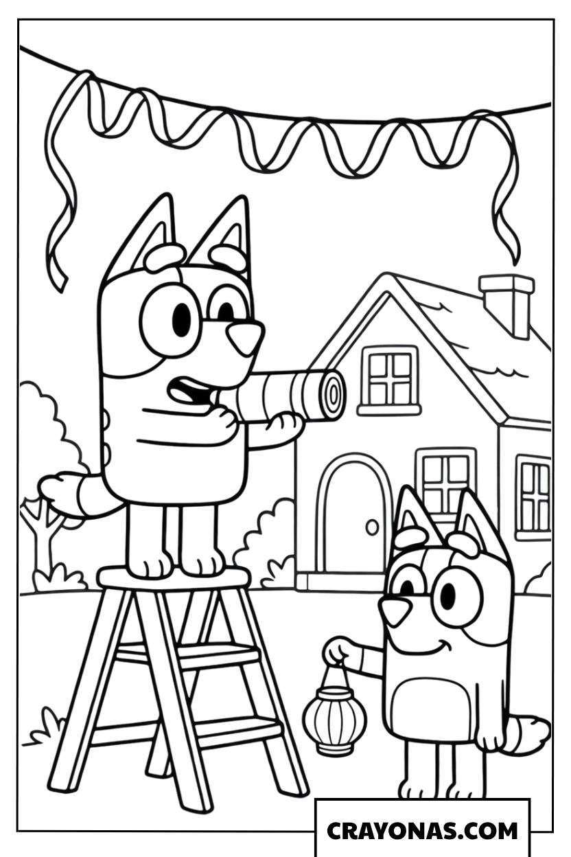 Bluey and Bingo Decorating the House Coloring Page
