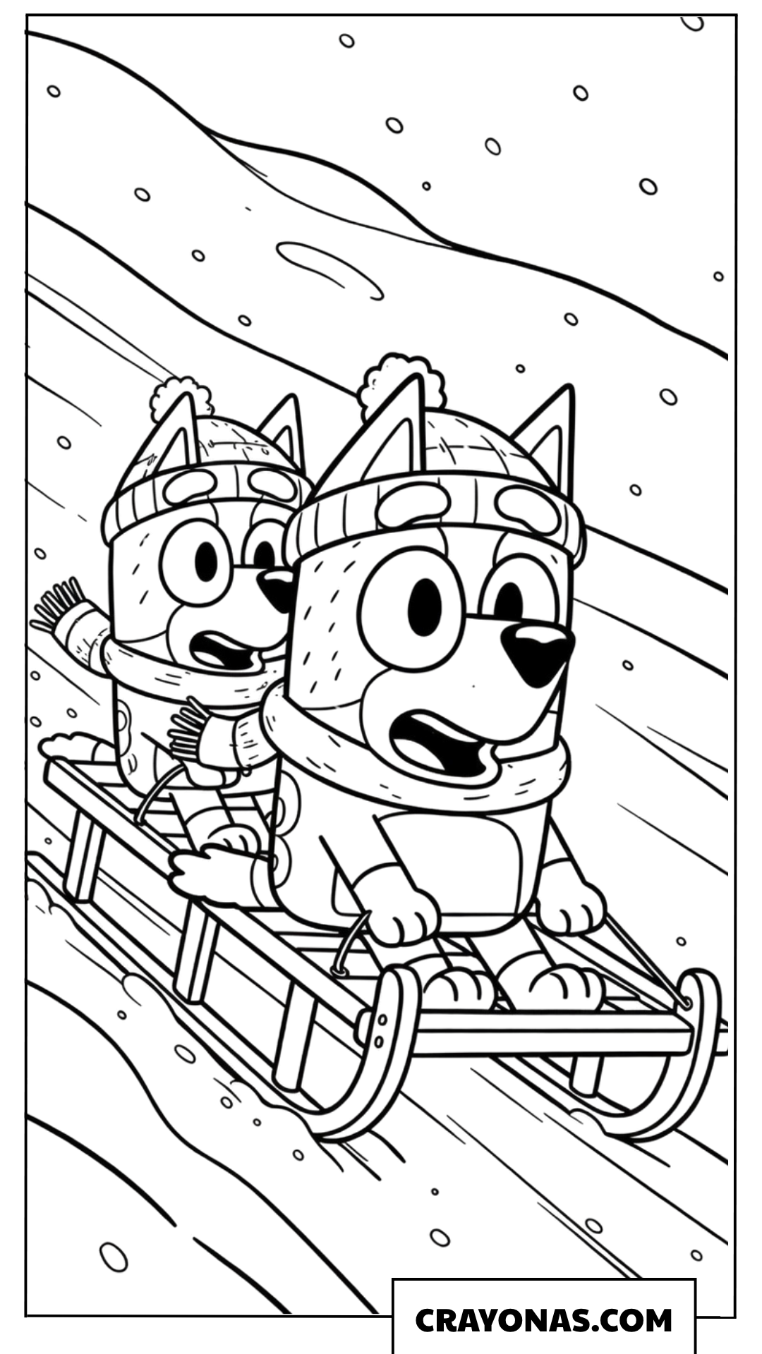 Bluey and Bingo Sledding Down the Hill Coloring Page