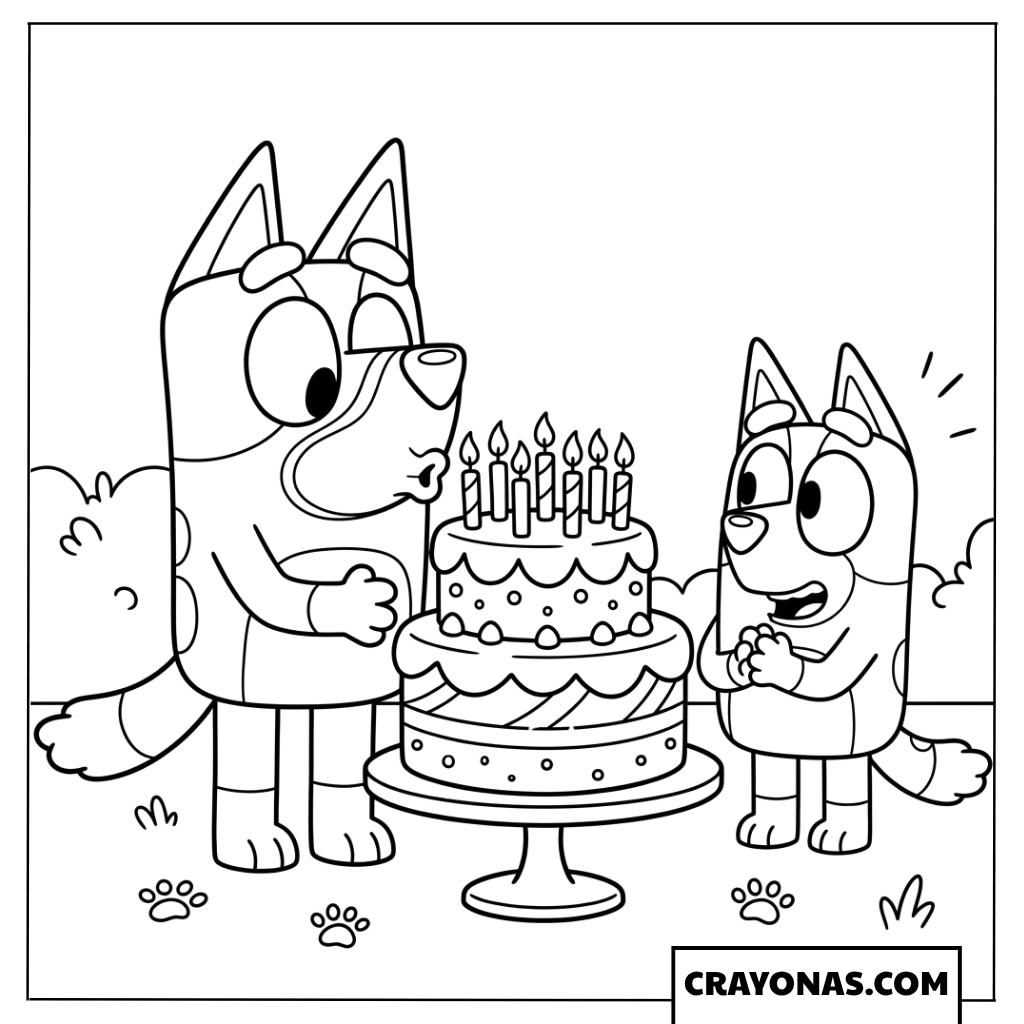 Bluey and Bingo with Birthday Cake Coloring Page