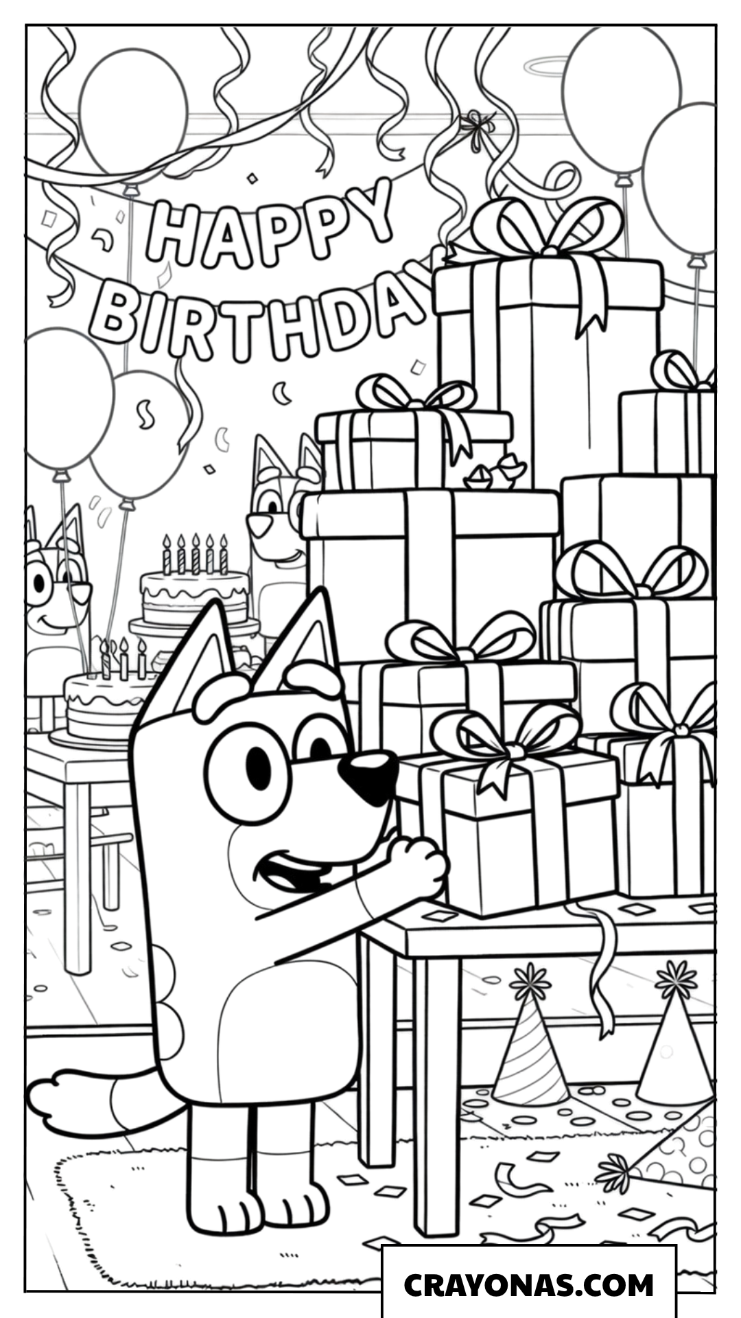 Bluey with Pile of Birthday Presents Coloring Page
