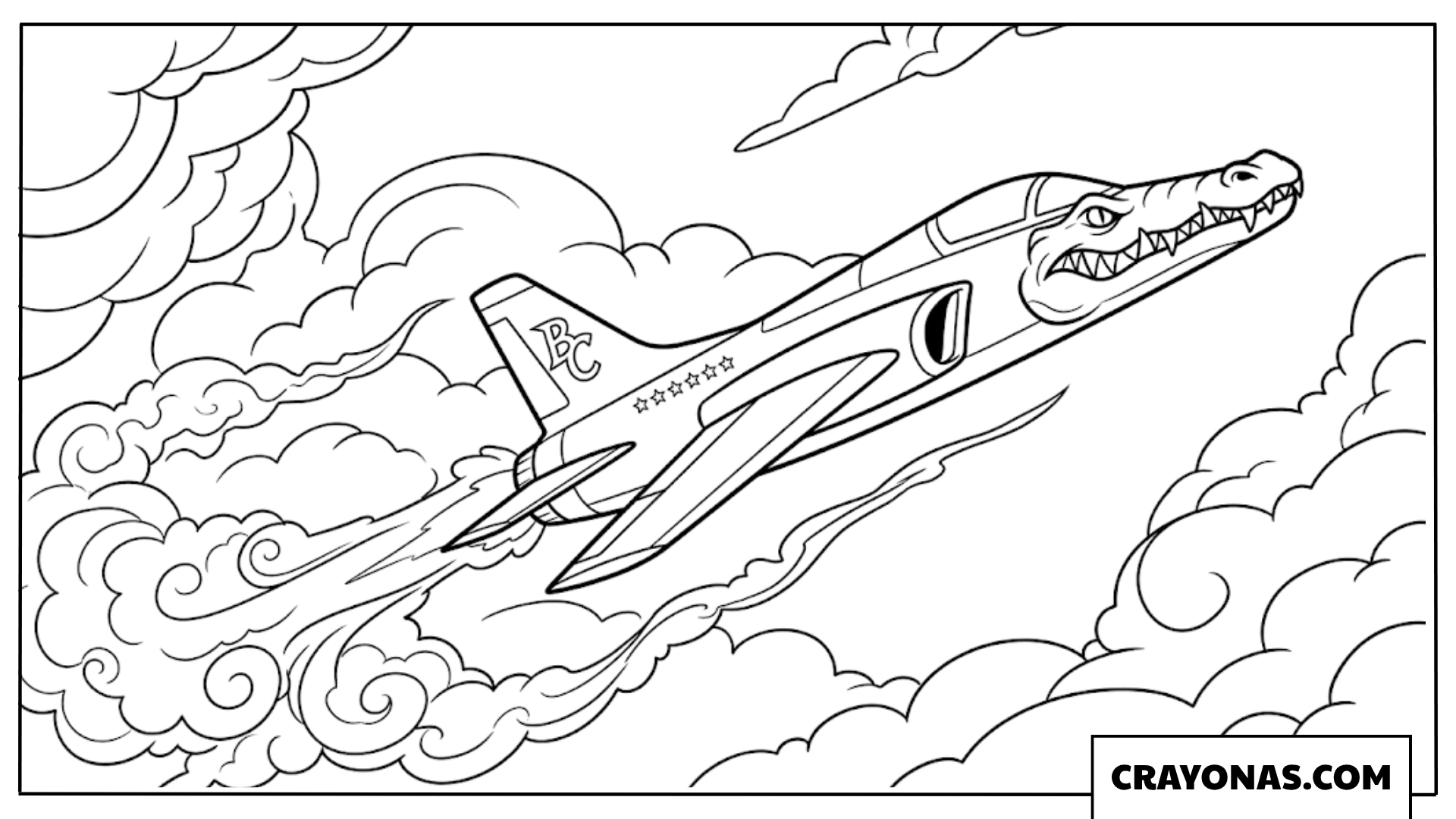 Bombardiro Crocodilo Jet Flying Through Clouds Coloring Page