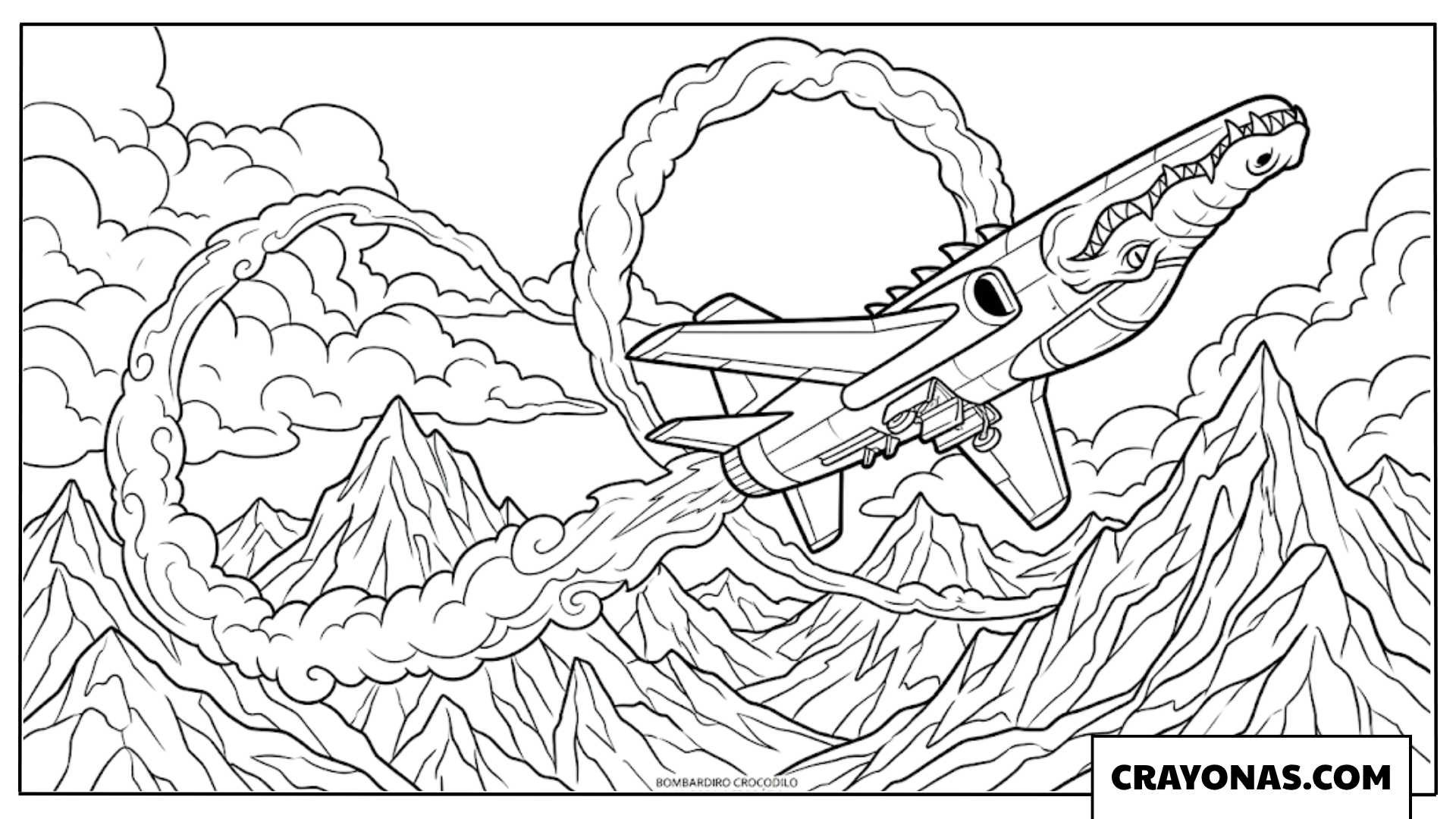 Bombardiro Crocodilo Over Mountains Coloring Page