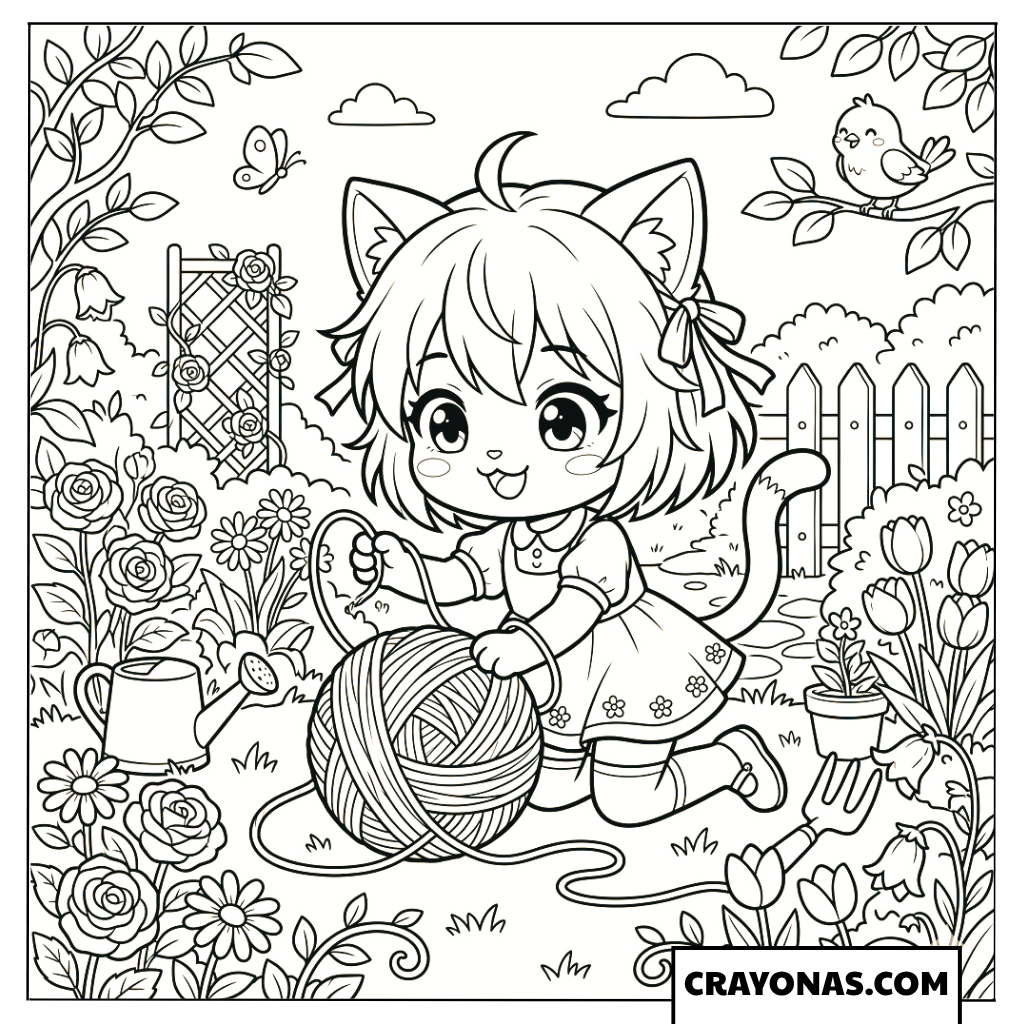 Cat Girl Playing with Yarn in Garden Coloring Page