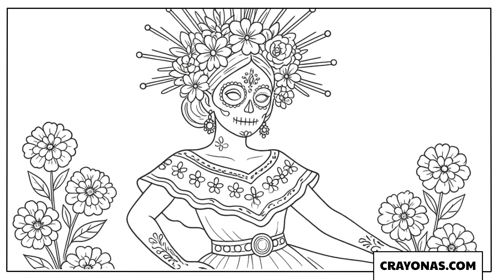 Catrina Lady with Floral Headdress Coloring Page