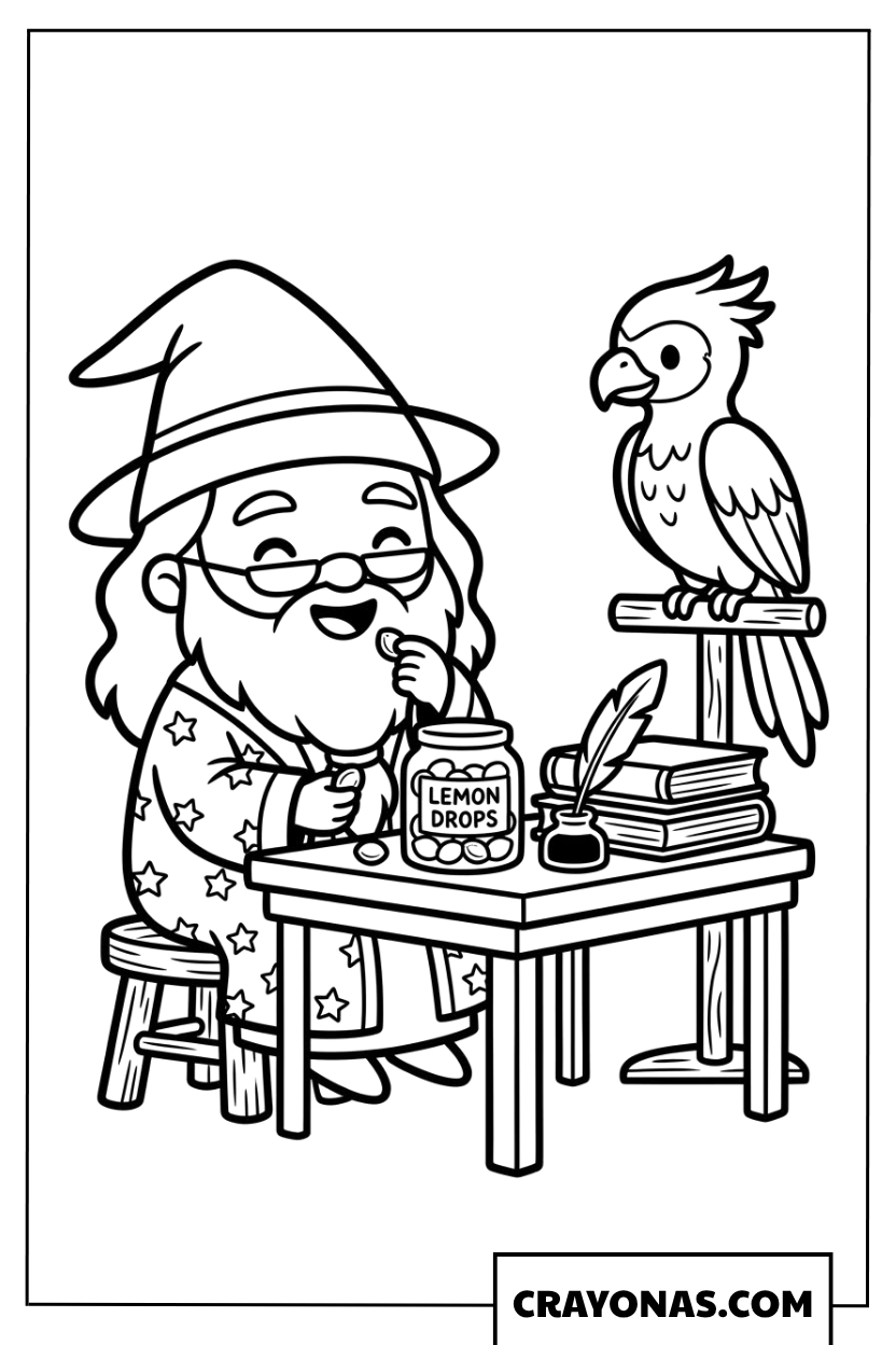 Chibi Dumbledore with Fawkes Coloring Pages