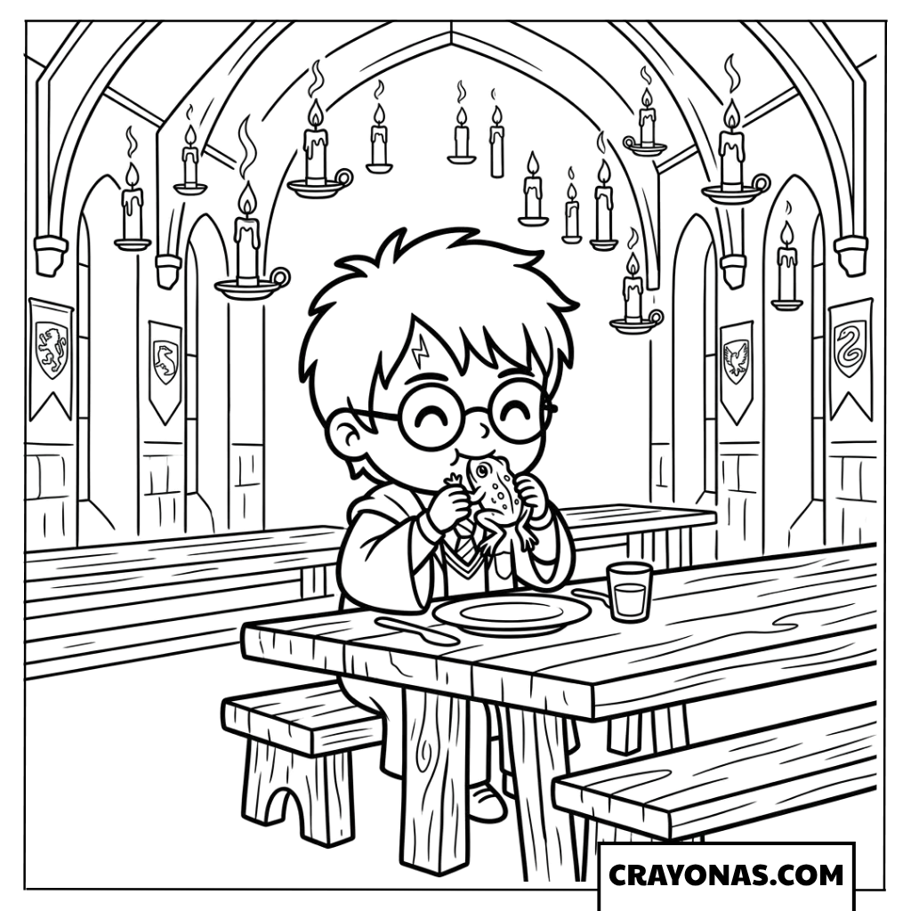 Chibi Harry Potter Eating in Great Hall Coloring Pages