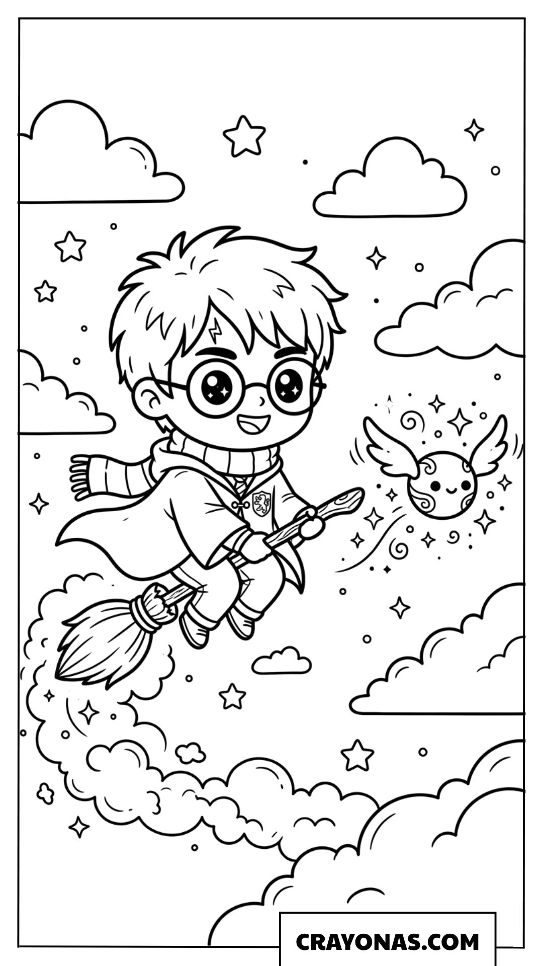 Chibi Harry Potter Flying on Broom Coloring Pages