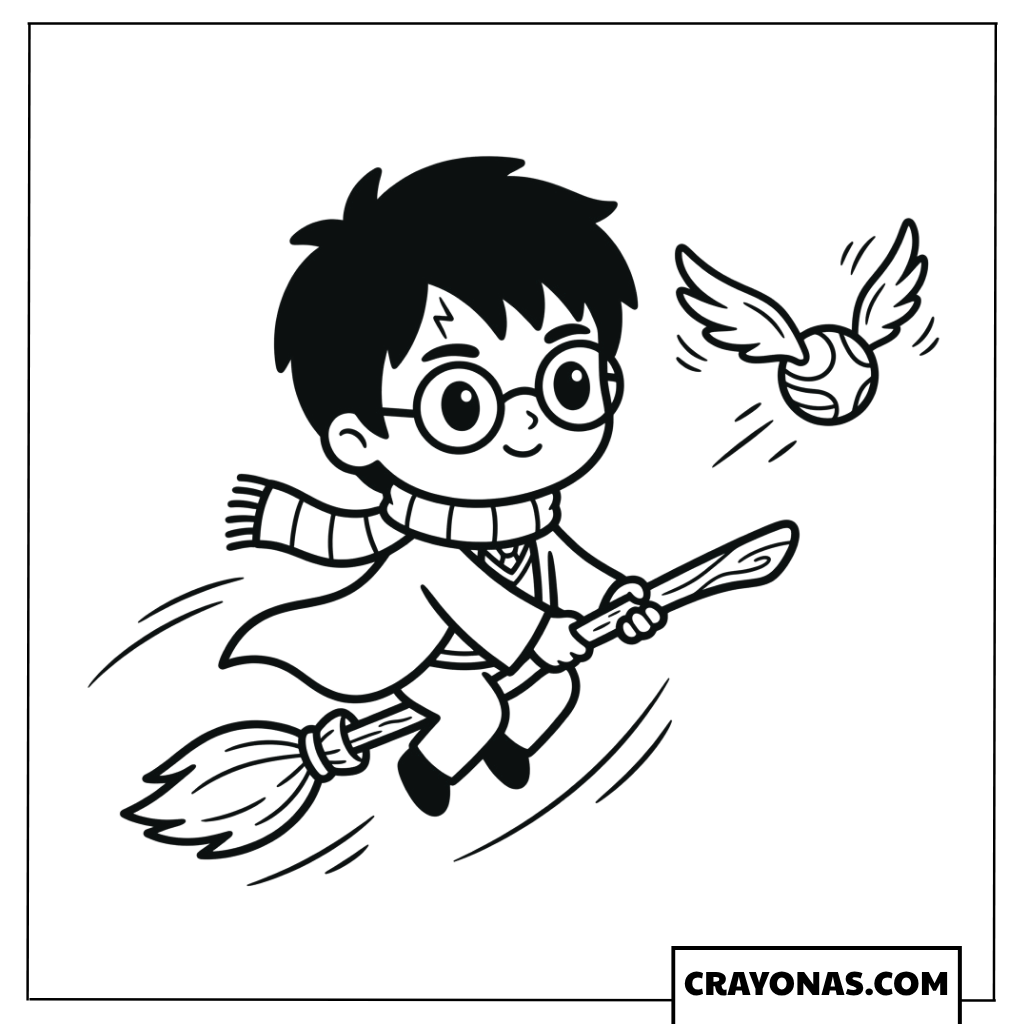 Chibi Harry Potter Flying on Broom Coloring Pages