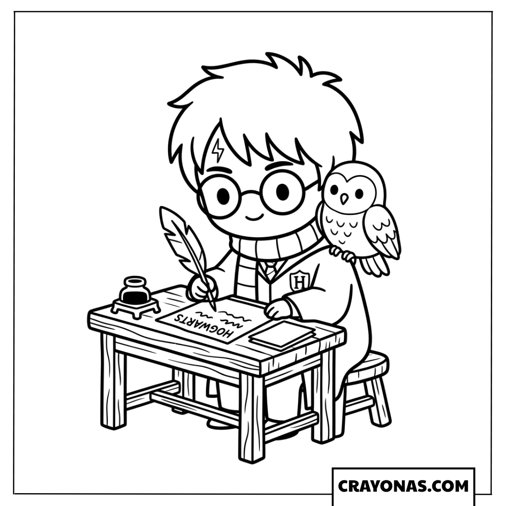 Chibi Harry Potter Writing with Owl Coloring Pages