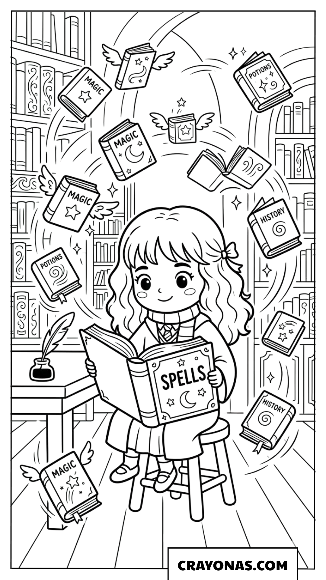 Chibi Hermione Granger Reading Coloring Pages