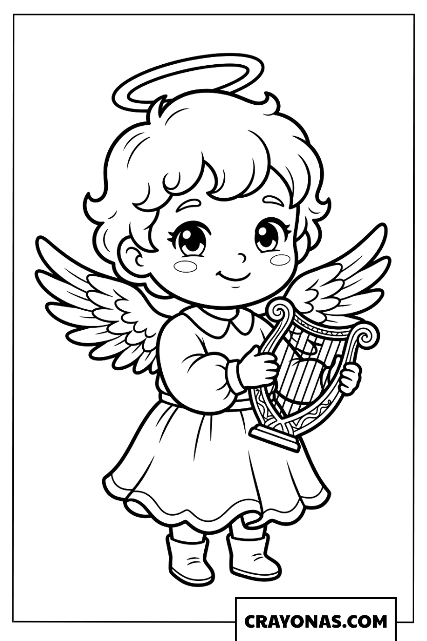 Chibi angel with harp coloring page
