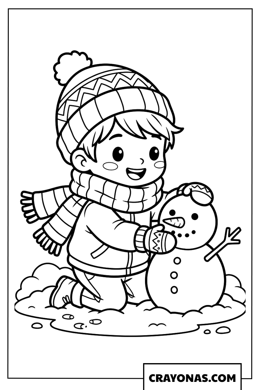 Chibi boy building snowman coloring page