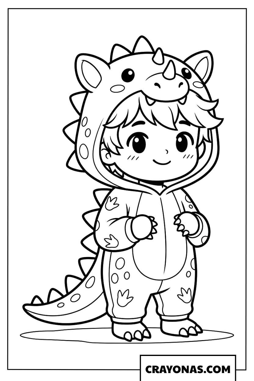 Chibi boy in dinosaur costume coloring page