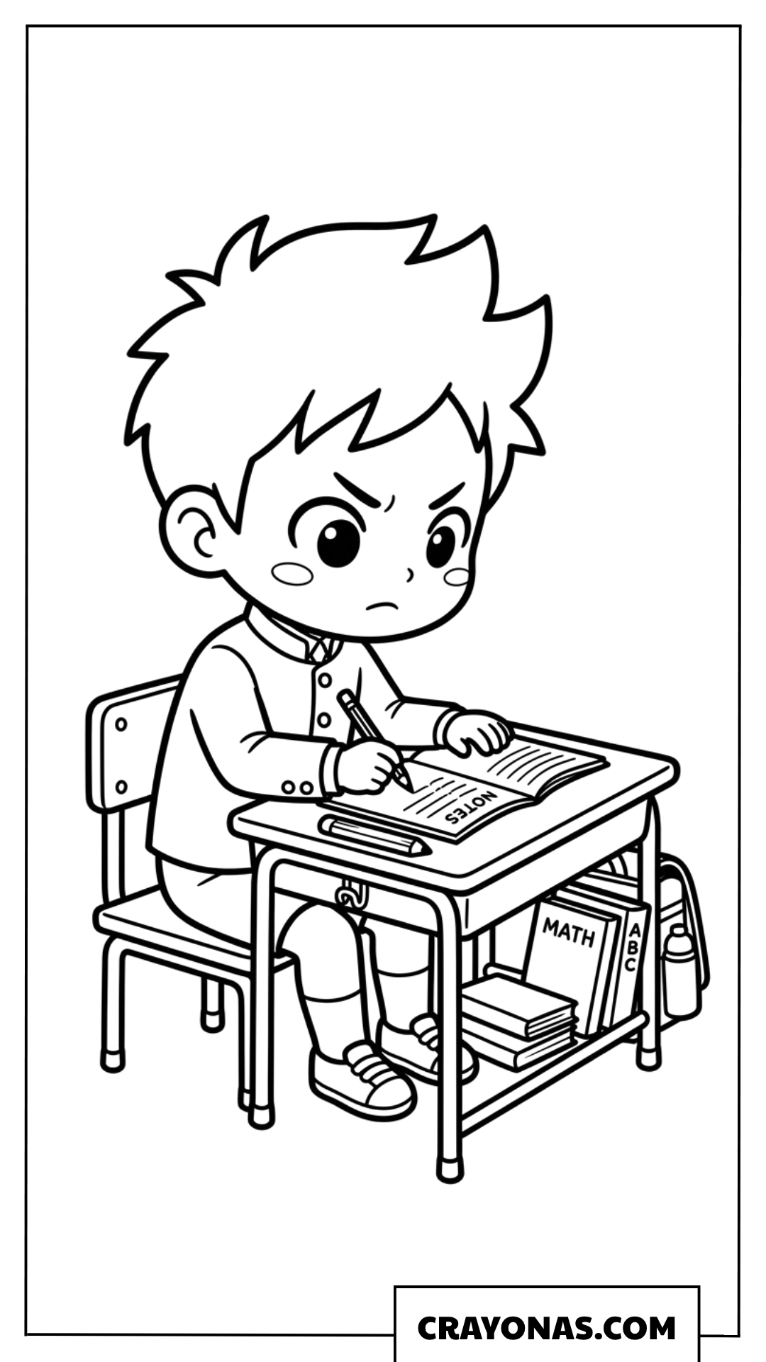 Chibi boy studying at desk coloring page