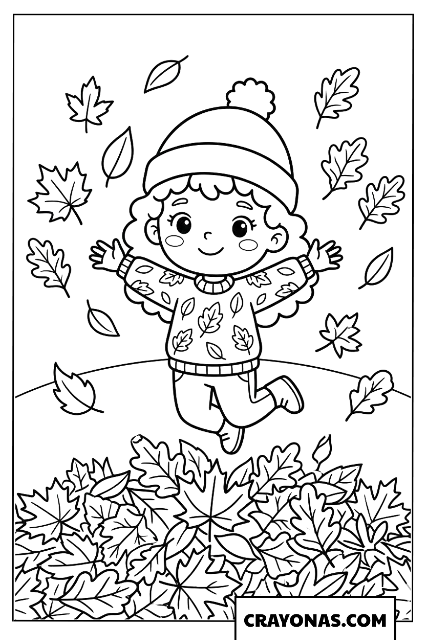 Chibi child playing in autumn leaves coloring page