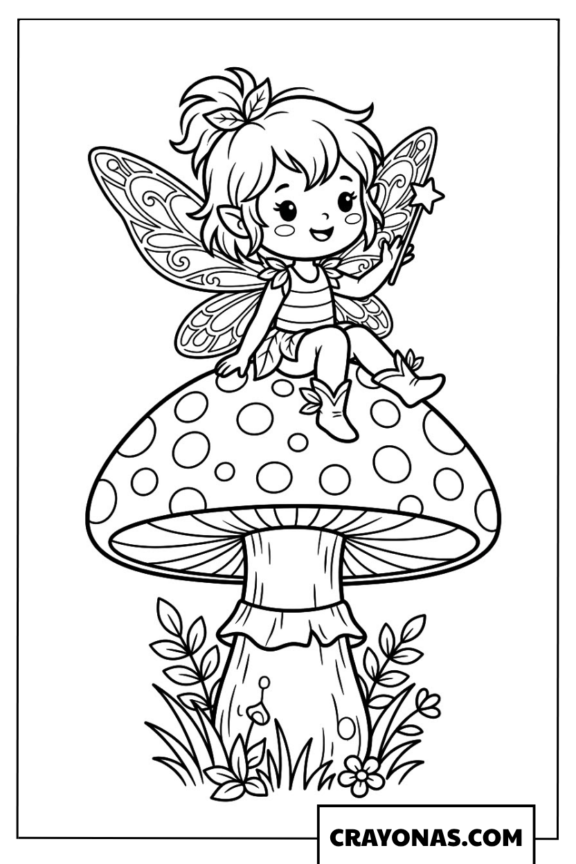 Chibi fairy on mushroom coloring page