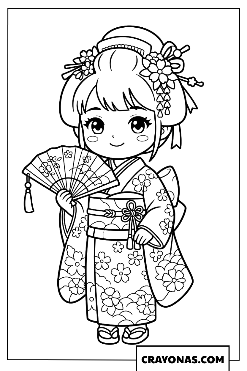 Chibi girl in kimono coloring page
