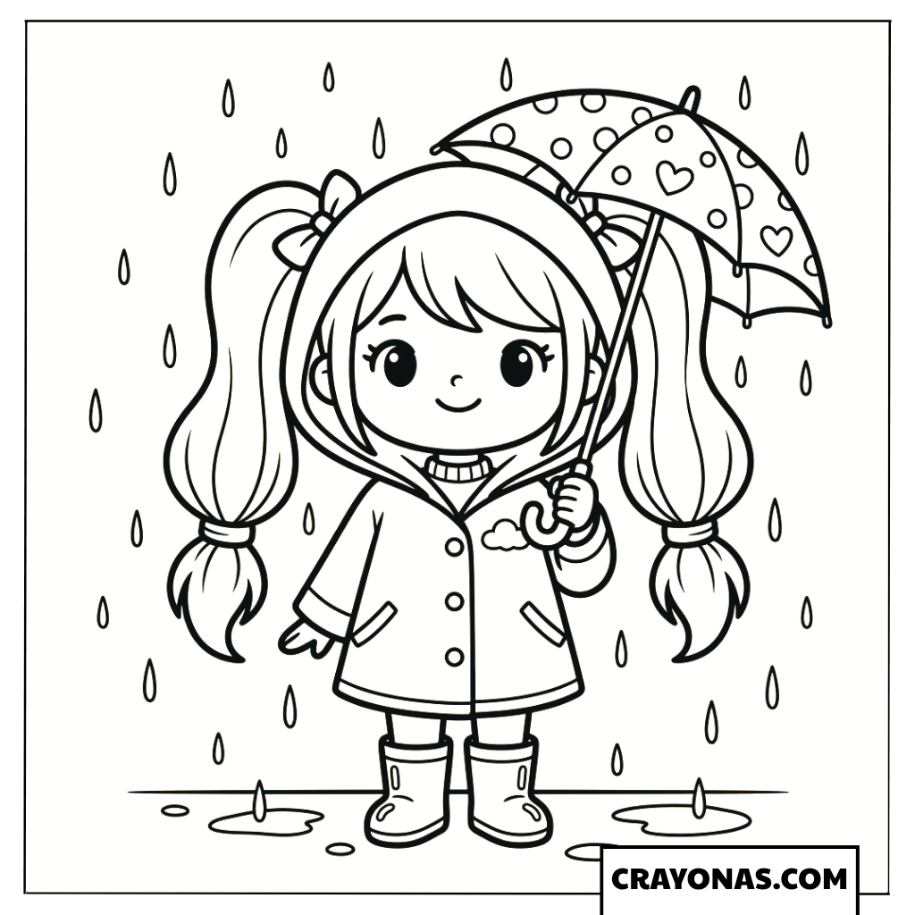 Chibi girl in raincoat with umbrella coloring page
