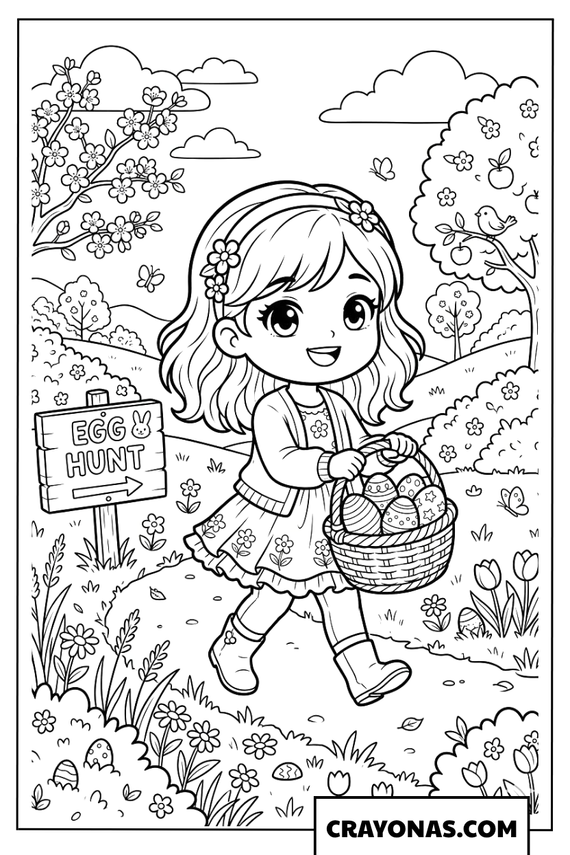 Chibi girl on egg hunt coloring page