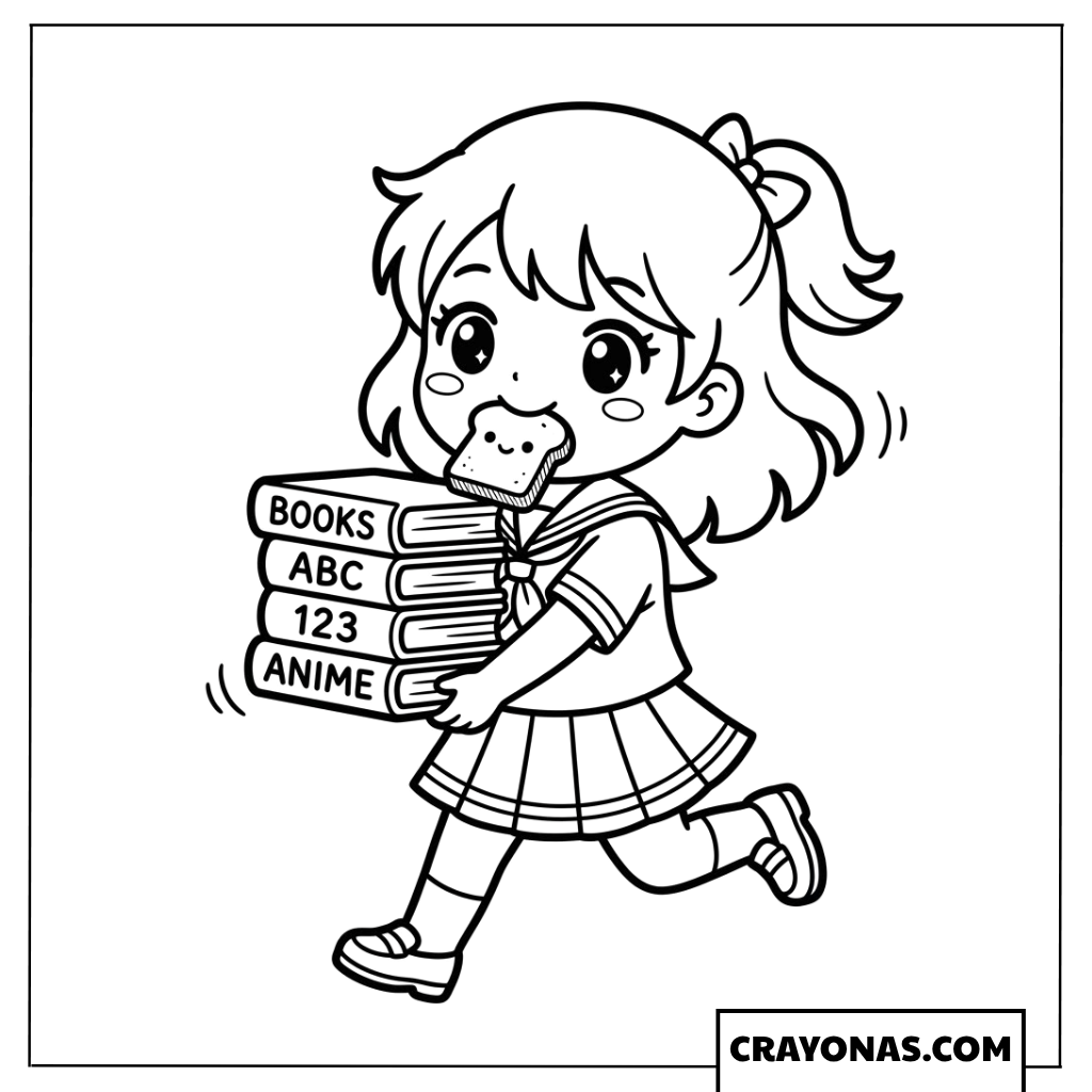 Chibi girl running to school with books coloring page