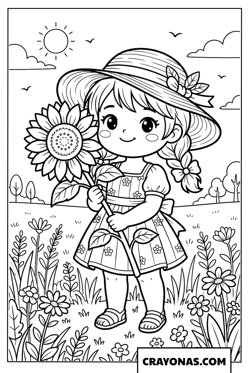 Chibi girl with sunflower coloring page