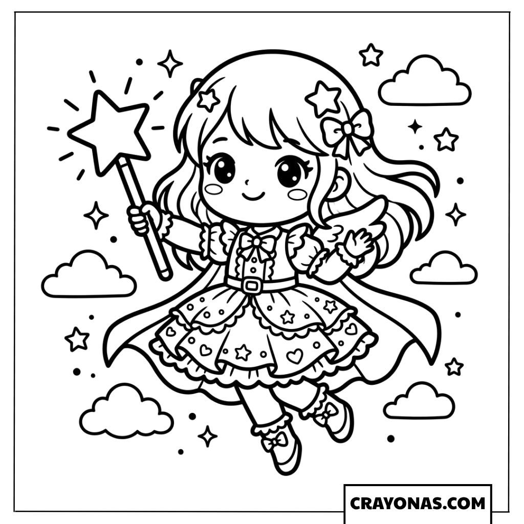 Chibi magical girl with star wand coloring page