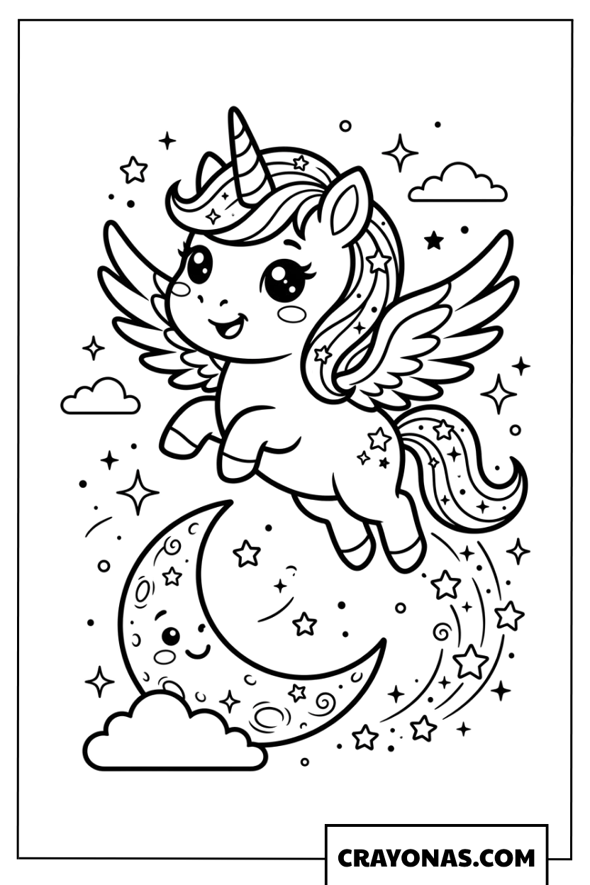 Chibi unicorn on crescent moon coloring page