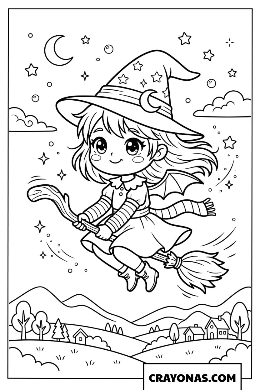 Chibi witch flying on broom coloring page