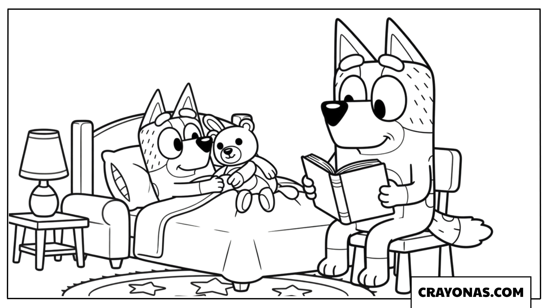 Chilli Reading a Bedtime Story to Bingo Coloring Page