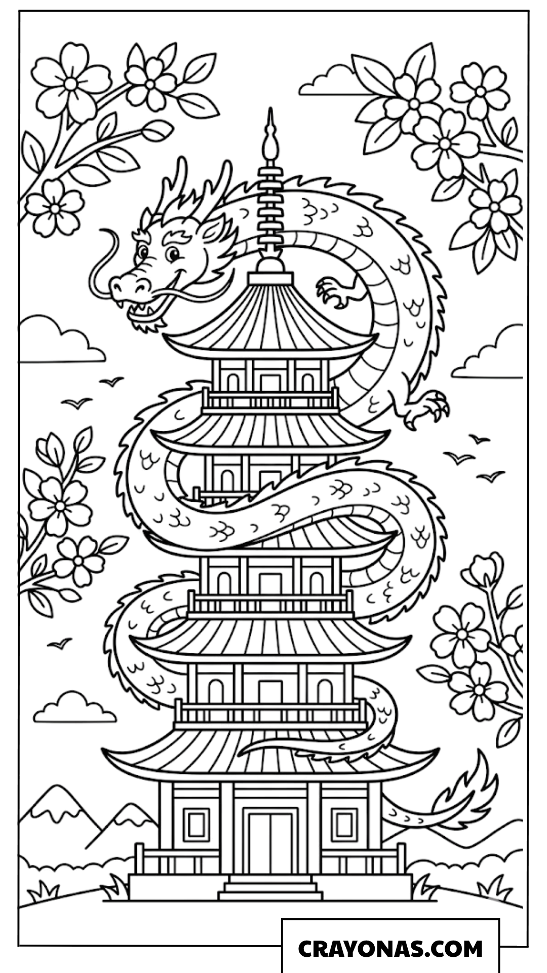 Chinese Dragon with Pagoda Coloring Page