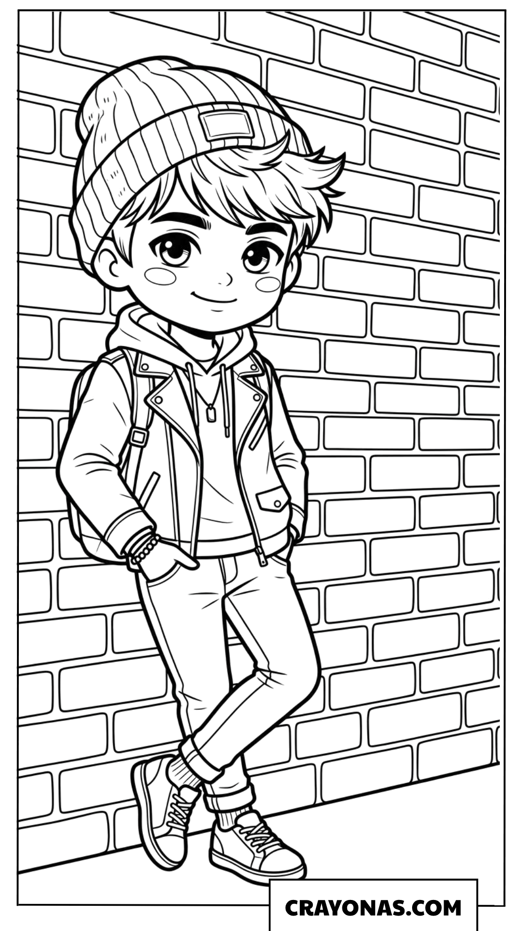 Cool chibi boy leaning on wall coloring page