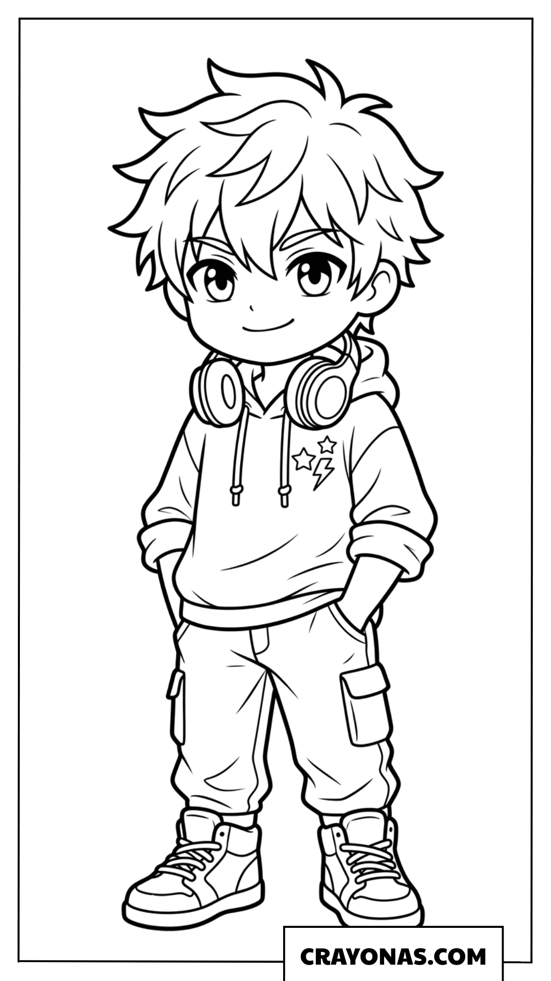 Cool chibi boy with headphones coloring page
