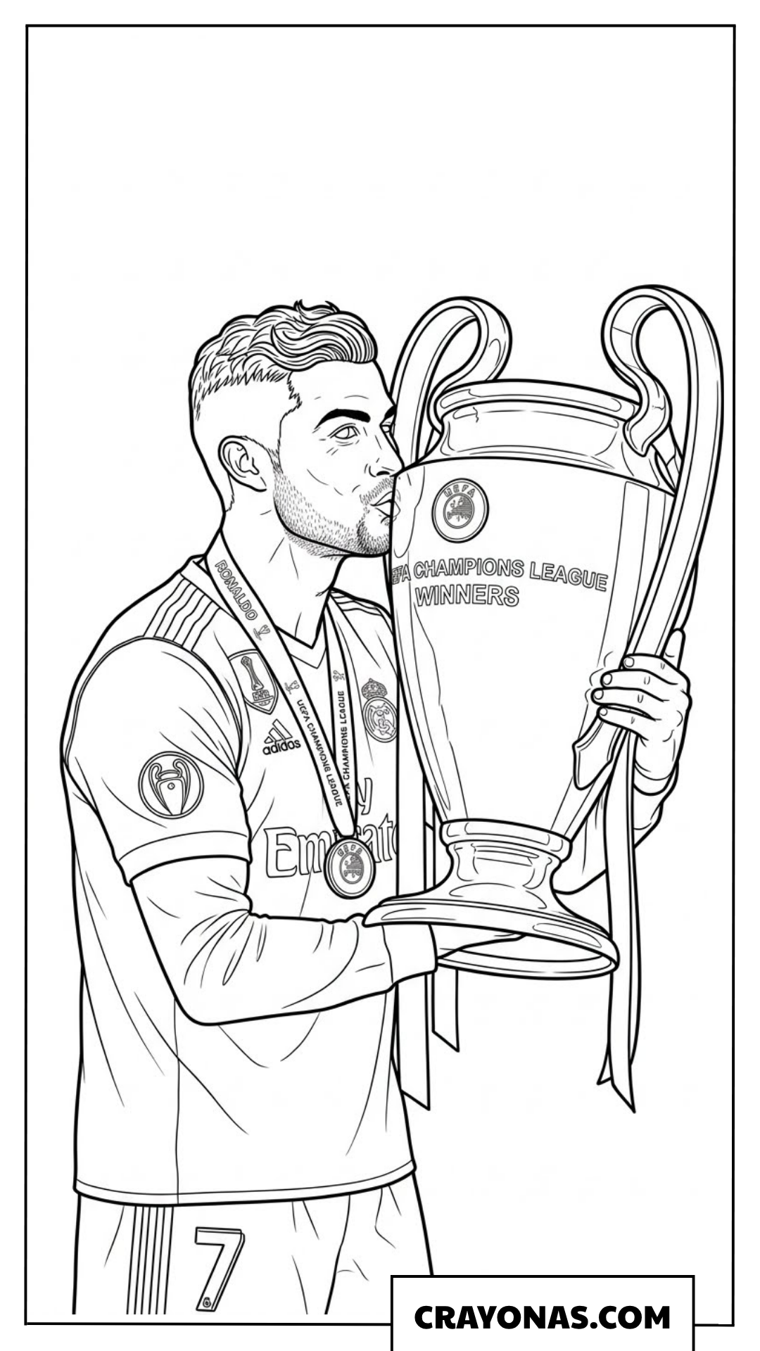 Cristiano Ronaldo Kissing Champions League Trophy Coloring Page