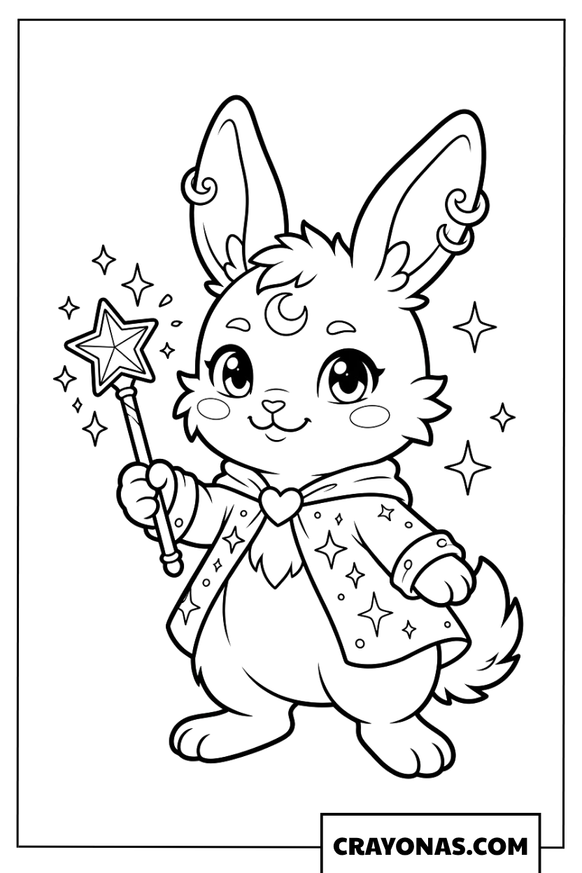 Cute Anime Bunny with Magic Wand Coloring Page