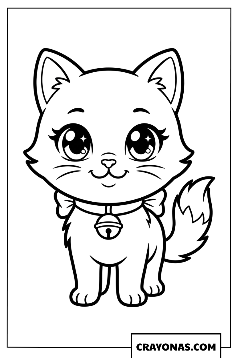 Cute Anime Cat with Bell Coloring Page