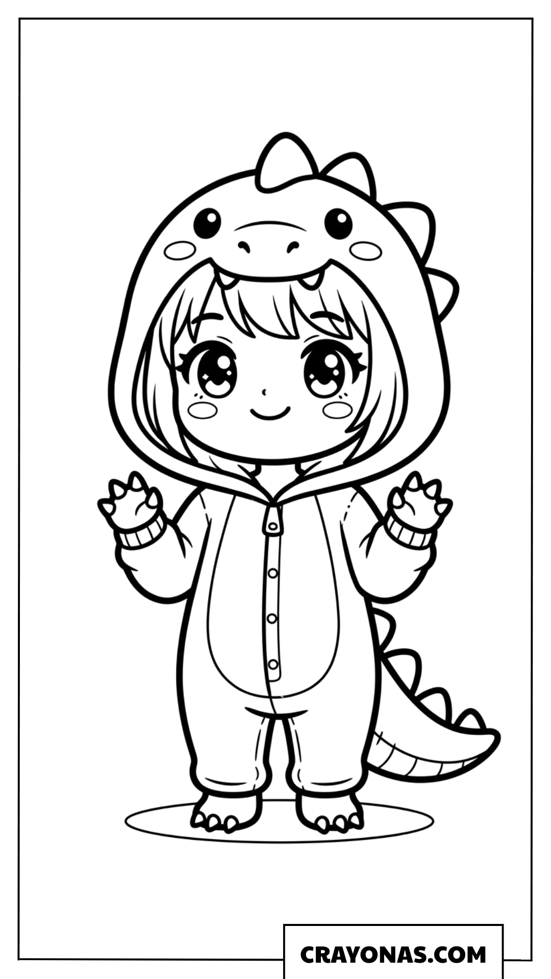 Cute Anime Girl in Dinosaur Onesie Coloring Page