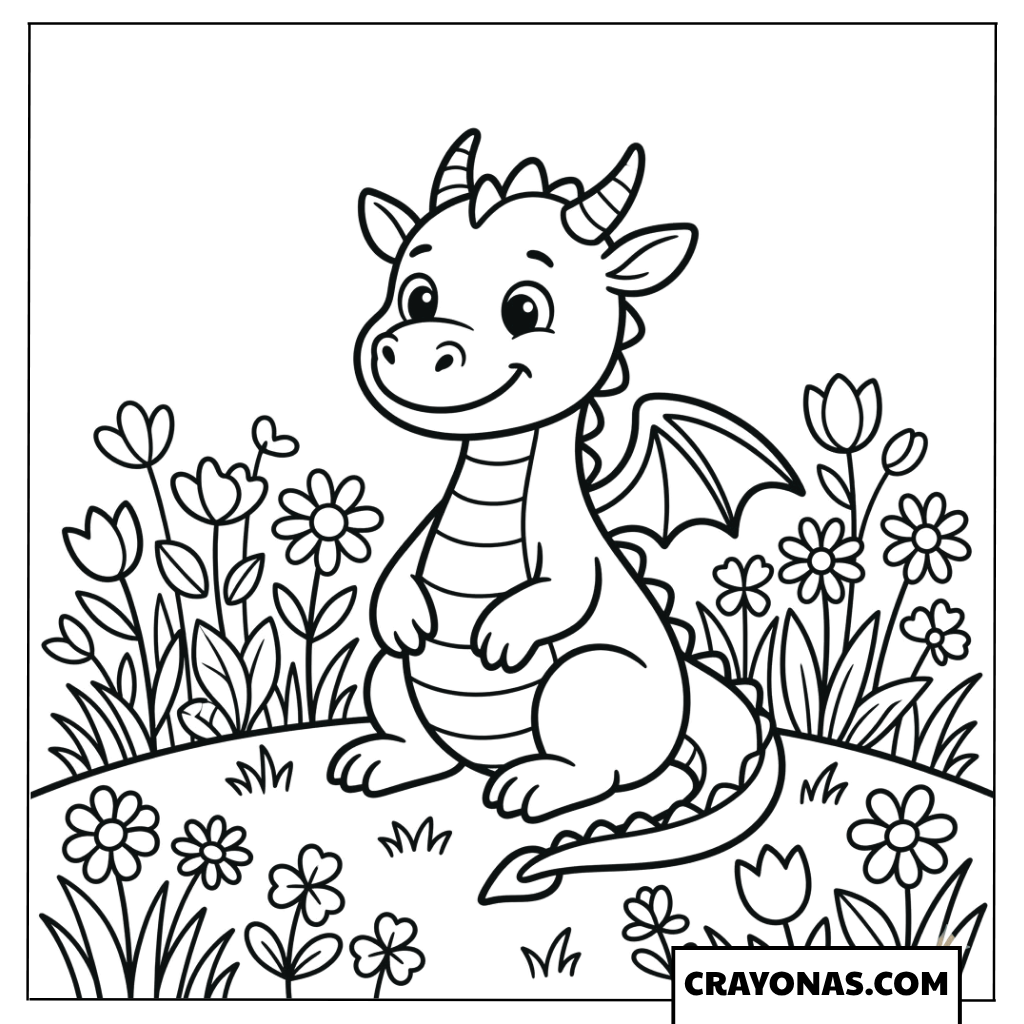 Cute Baby Dragon in Flower Garden Coloring Page